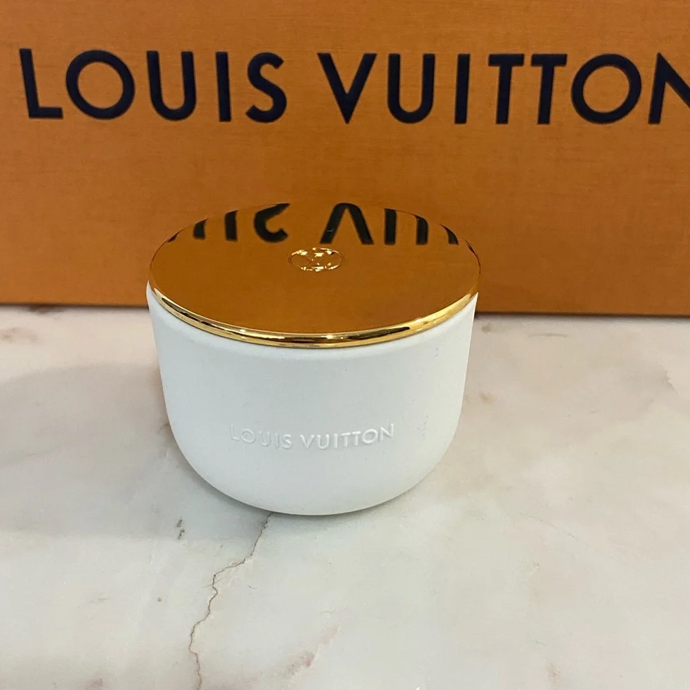 Authentic Louis Vuitton Ceramic Scented Candle with Gold Lid Accent